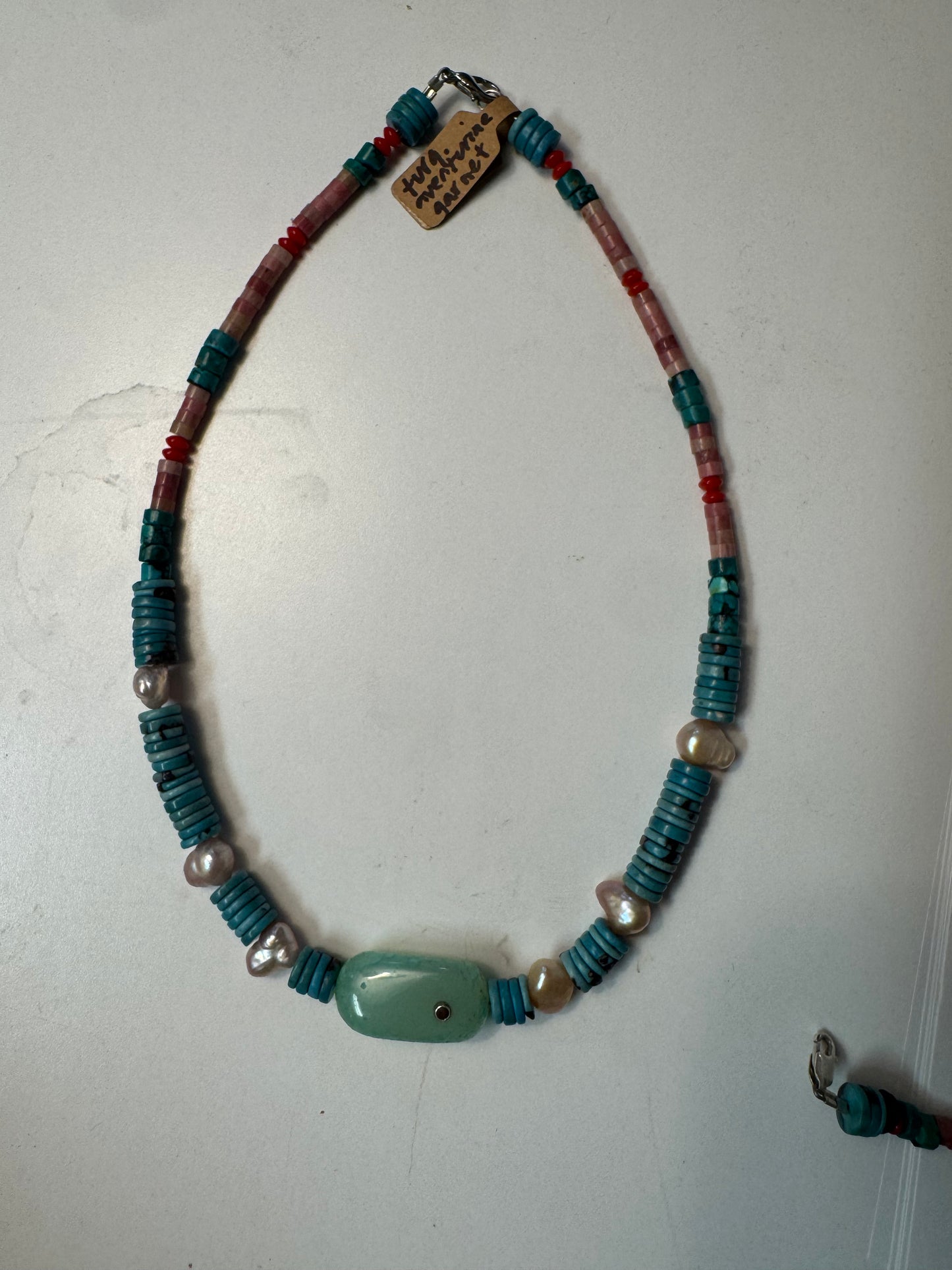 Turquoise, pearl, corachrysoprase and tourmaline