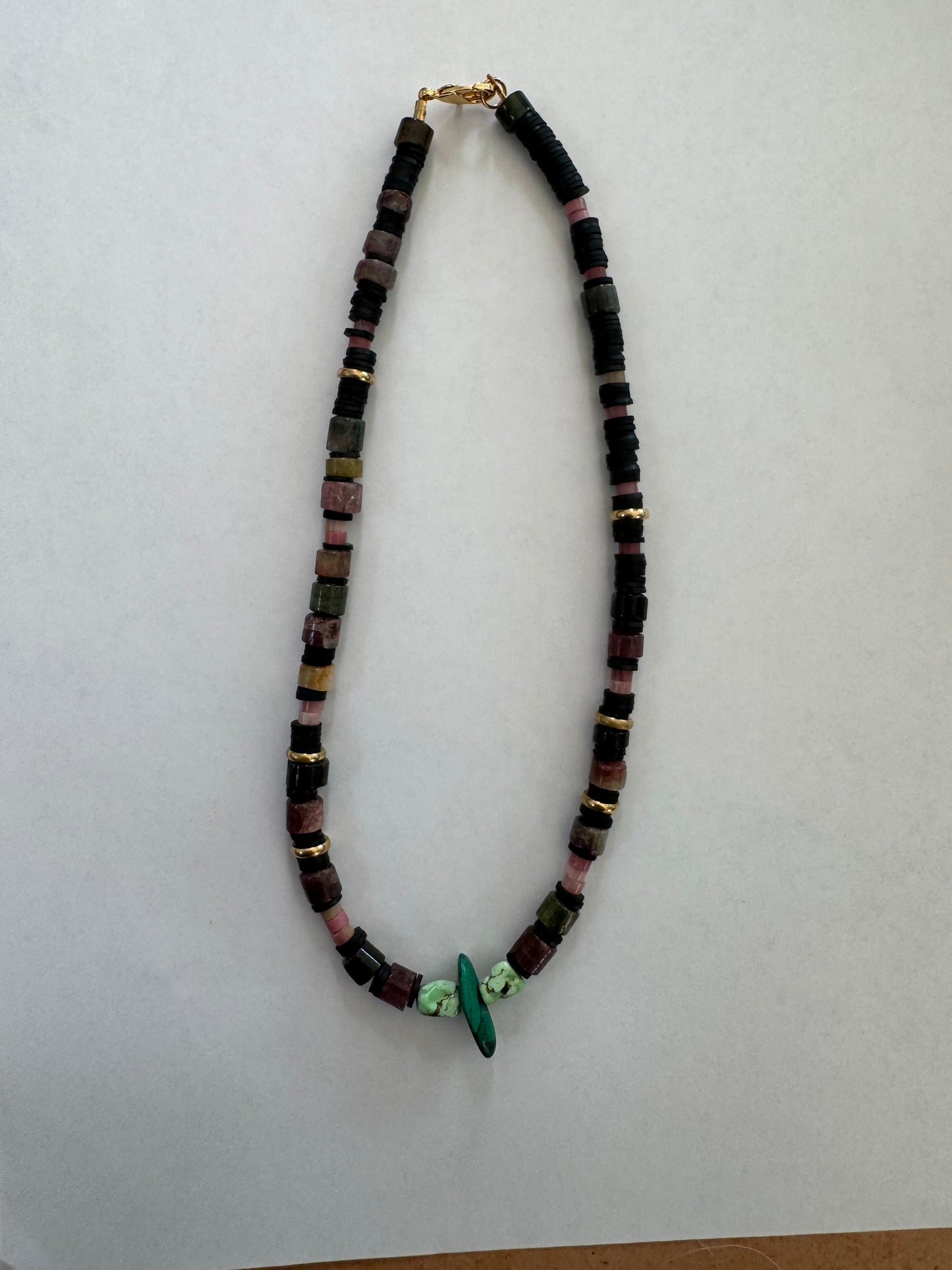 Watermelon, tourmaline beaten necklace with brass turquoise beads