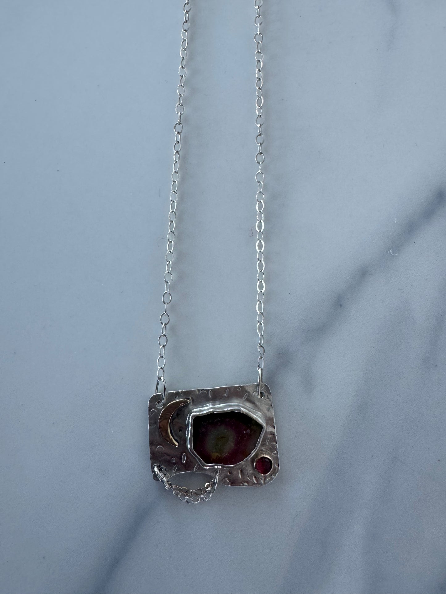 Watermelon, tourmaline with 14k gold moon and sterling chain