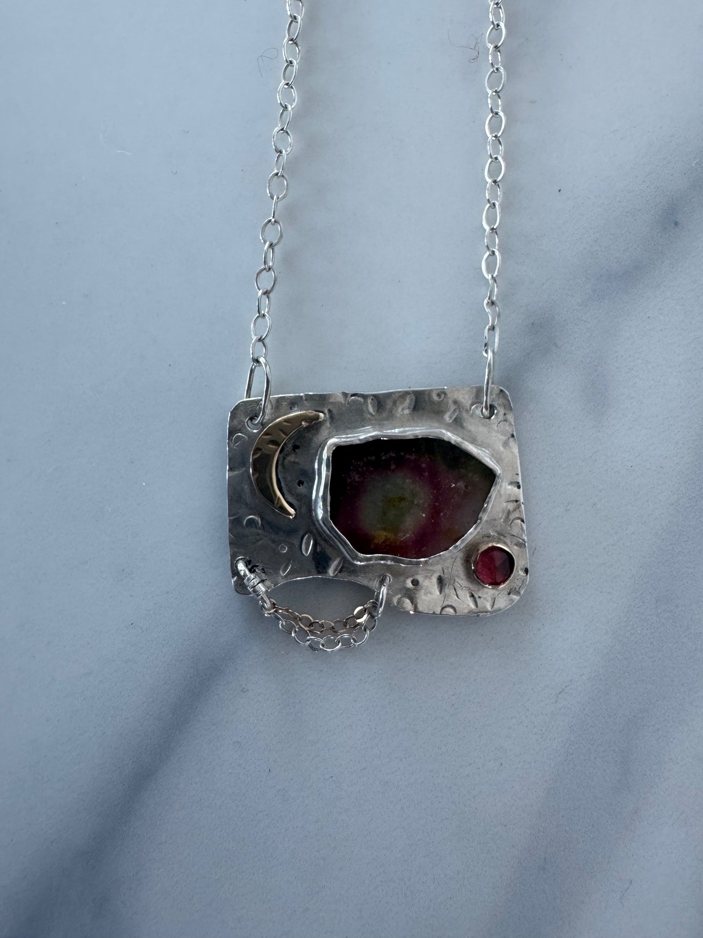 Watermelon, tourmaline with 14k gold moon and sterling chain