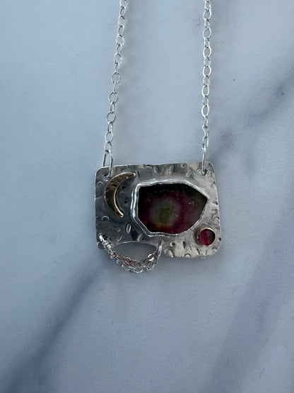Watermelon, tourmaline with 14k gold moon and sterling chain